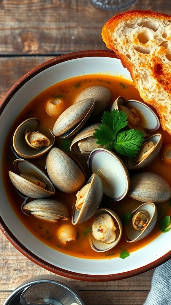 A bowl of clam zeni with fresh clams in broth, garnished with parsley and served with crusty bread.